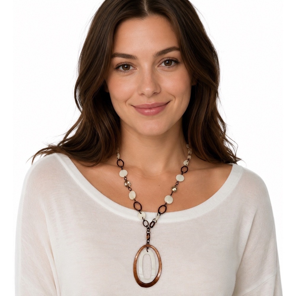 Copper Tone White Pearlescent Double Oval Pendant Beaded Necklace Boho 103-221